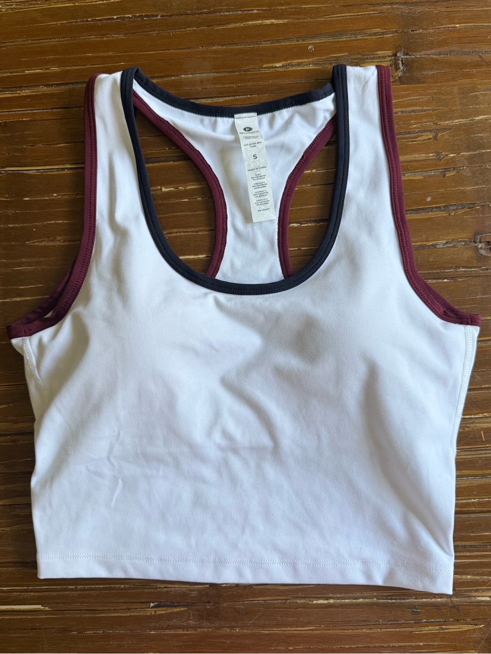 90 degrees Racerback Crop Tank - White with Navy & Burgundy Trim